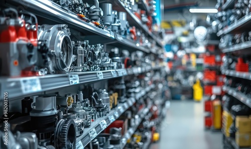 Blurred Shelves with Car Parts and Hardware in Auto Store Background