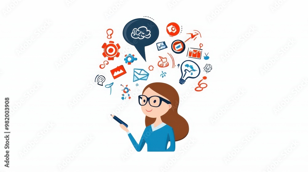 Creative Woman with Ideas and Technology Icons Creative Woman with Ideas and Technology Icons