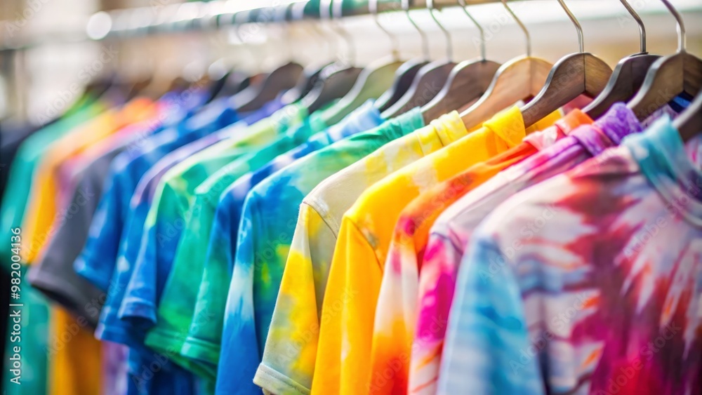Colorful custom-printed t-shirts on hangers, showcasing dye sublimation printing technique. Colorful custom-printed t-shirts on hangers, showcasing dye sublimation printing technique.