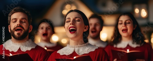 A group of carolers singing in front of a beautifully lit house, carolers, singing, lit house photo