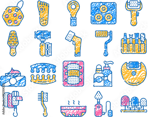 callus remover tool doodle icons set vector. sketch line art callus remover and adhesive plaster accessories for treatment foot and fingers color illustrations