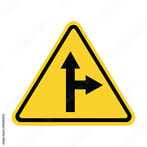 Yellow Triangle The road branches to the right ahead Road Sign. A sharp right turn ahead Traffic Sign