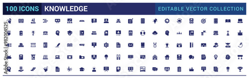 Set of related to knowledge icons. Solid icon collection. Filled icon set, glyph for web and ui. Editable solid icons set. Vector illustration.
