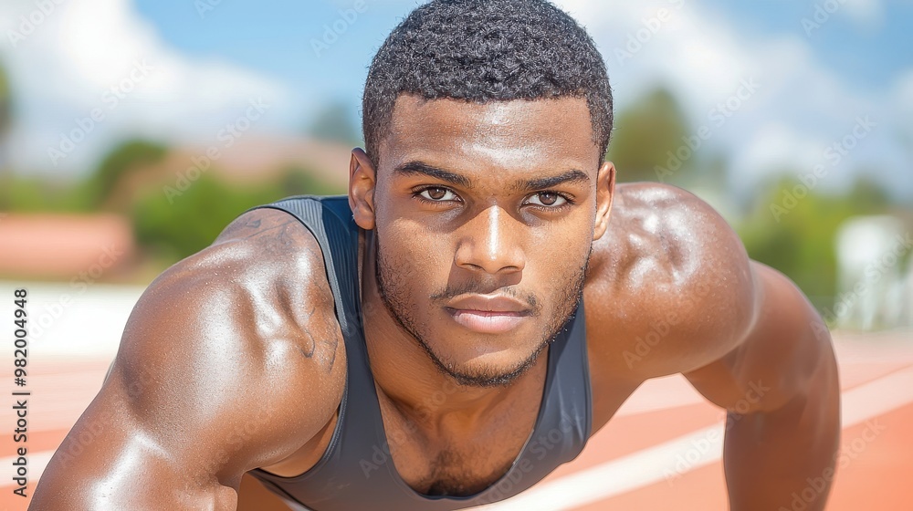 Athletic Young Man Preparing for a Race on Track Athletic Young Man Preparing for a Race on Track