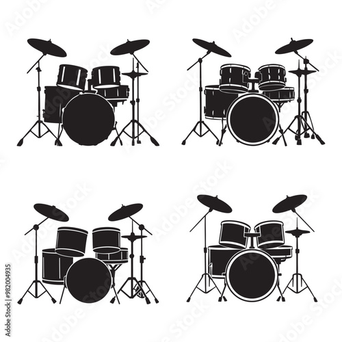 Black and white vector silhouettes set of drums