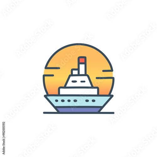 Abstract colorful ship and orange sky after sundown in the middle of sea vector art illustration icon design. Icon concept vector design