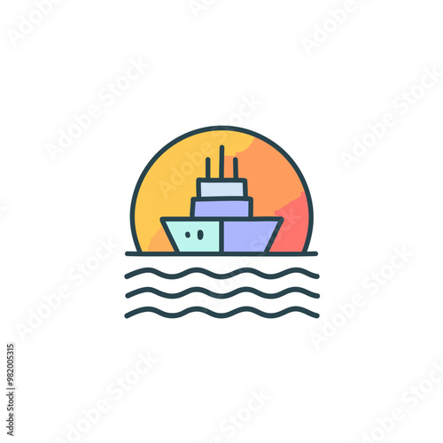 Abstract colorful ship and orange sky after sundown in the middle of sea vector art illustration icon design. Icon concept vector design