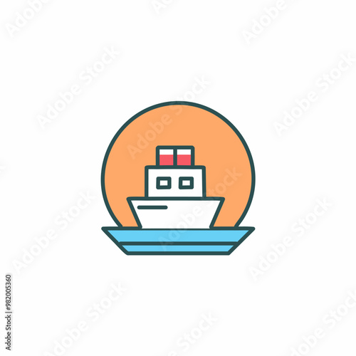 Abstract colorful ship and orange sky after sundown in the middle of sea vector art illustration icon design. Icon concept vector design