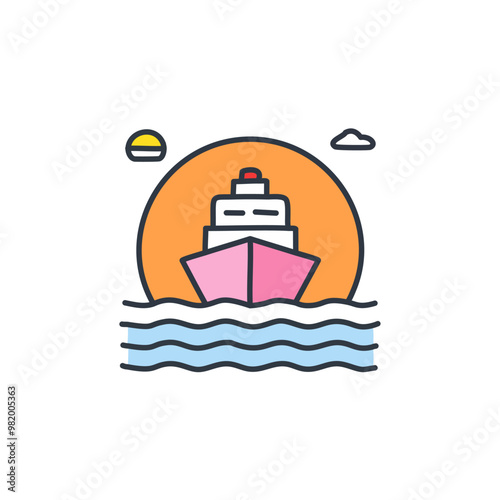 Abstract colorful ship and orange sky after sundown in the middle of sea vector art illustration icon design. Icon concept vector design