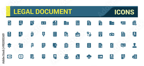Legal document filled icon set. Containing contract, agreement, passport, id card glyph icons set for web and ui. Solid icon set. Vector illustration.