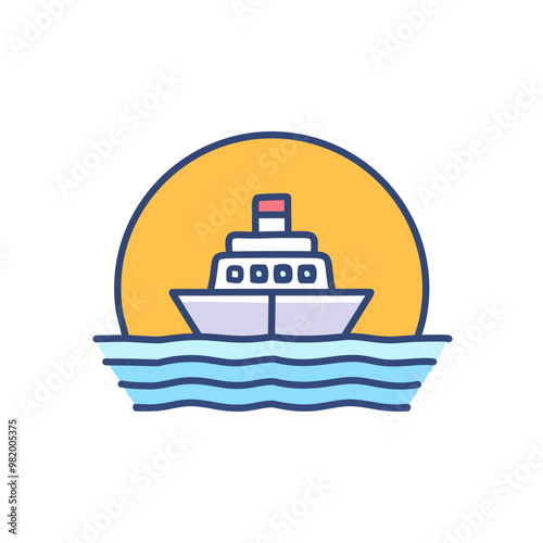 Abstract colorful ship and orange sky after sundown in the middle of sea vector art illustration icon design. Icon concept vector design
