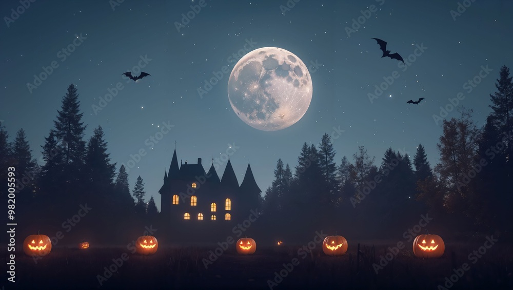 Naklejka premium A spooky Halloween scene featuring a haunted mansion, glowing jack-o'-lanterns, bats, and a full moon above a dark forest.
