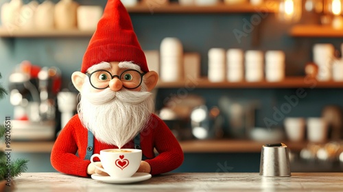A cheerful garden gnome with a red hat, glasses, and a white beard holds a cup of coffee in a cozy cafe with warm lighting and shelves in the background.