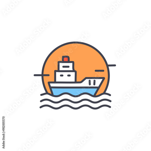 Abstract colorful ship and orange sky after sundown in the middle of sea vector art illustration icon design. Icon concept vector design