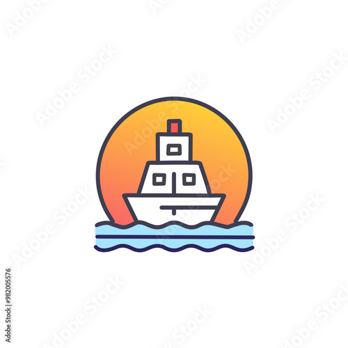 Abstract colorful ship and orange sky after sundown in the middle of sea vector art illustration icon design. Icon concept vector design