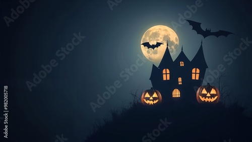 A spooky Halloween scene featuring a haunted house, glowing pumpkins, bats, and a full moon in a dark sky. photo