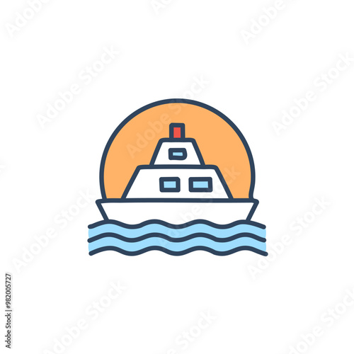 Abstract colorful ship and orange sky after sundown in the middle of sea vector art illustration icon design. Icon concept vector design