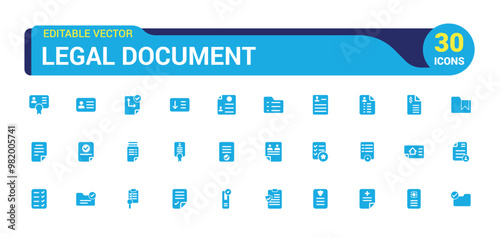 Legal document filled icon set. Containing contract, agreement, passport, id card glyph icons set for web and ui. Solid icon set. Vector illustration.