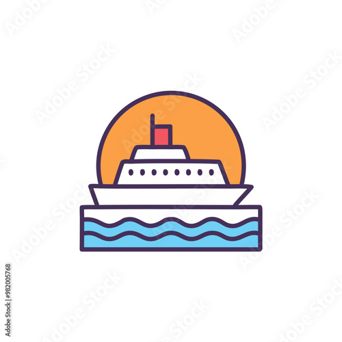 Abstract colorful ship and orange sky after sundown in the middle of sea vector art illustration icon design. Icon concept vector design