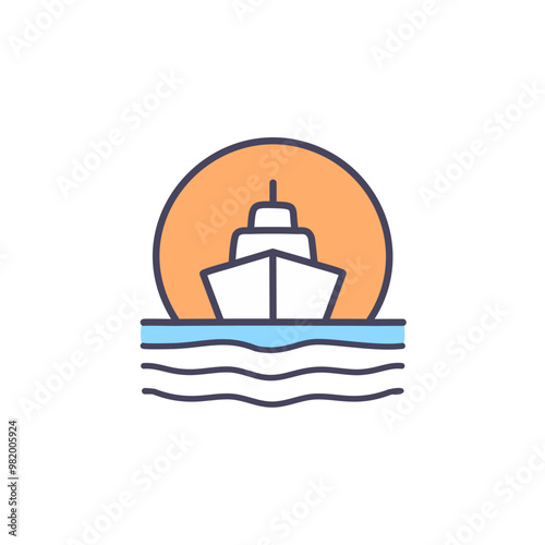 Abstract colorful ship and orange sky after sundown in the middle of sea vector art illustration icon design. Icon concept vector design
