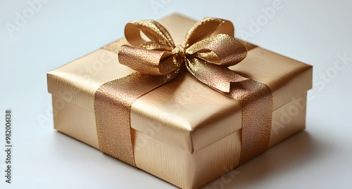 “Golden Gift Box with a Ribbon Against a White Background” 