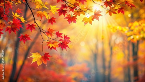 Maple branch with red and yellow leaves against magical autumn forest background with soft focus, Maple, branch, red