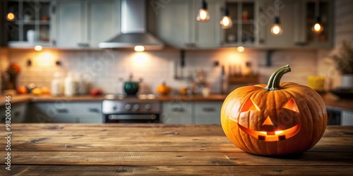 Halloween pumpkin on wooden table with blurry kitchen background, pumpkin, Halloween, wooden table, kitchen background