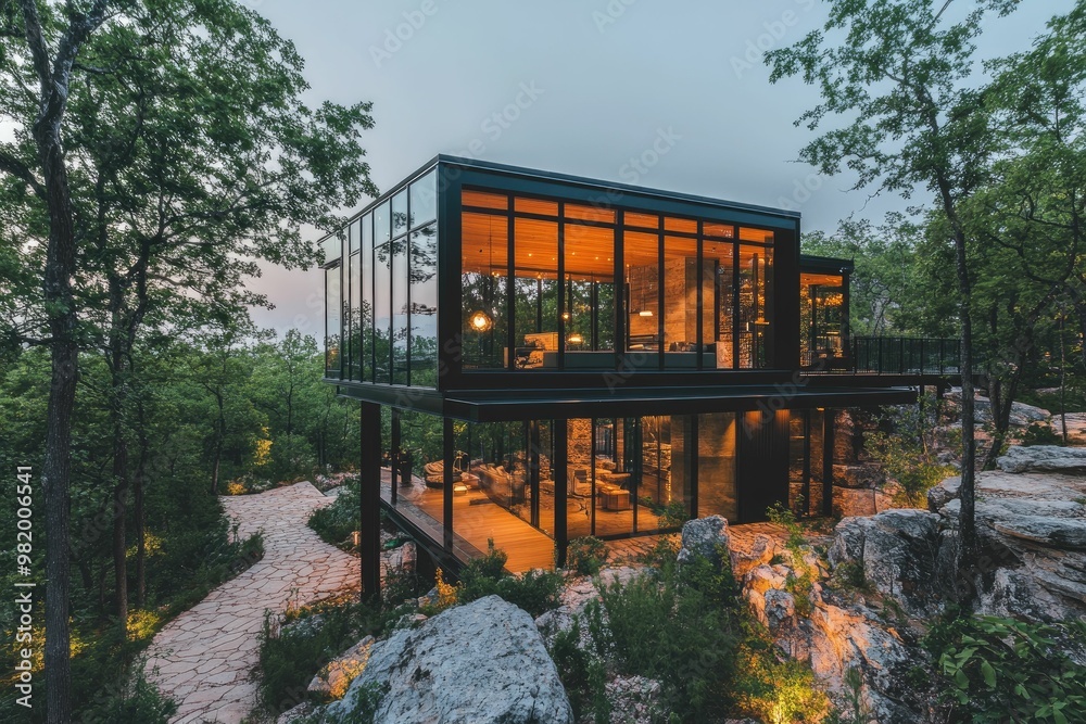 Modern glass house nestled in a wooded landscape. Modern glass house nestled in a wooded landscape.