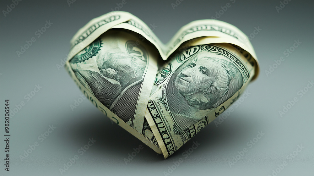 A heart made of money, isolated on a simple background A heart made of money, isolated on a simple background