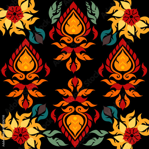 A seamless floral pattern featuring orange and yellow flowersWith black background in a vintage, autumn-inspired design perfect for wallpaper, textile, or decoration