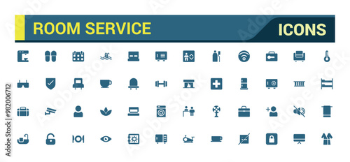 Room service icon set. Hospitality symbol, room, service, booking, filled icon set, solid icons set. Glyph icons for web and ui. Editable vector illustration.