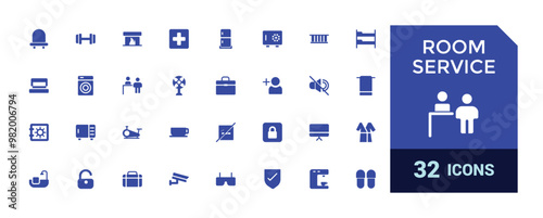 Room service icon set. Hospitality symbol, room, service, booking, filled icon set, solid icons set. Glyph icons for web and ui. Editable vector illustration.