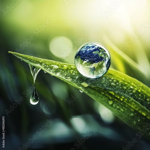 A close-up image captures a single water droplet perched delicately on a vibrant green leaf, symbolizing the beauty of nature and the importance of sustainability. Below the leaf, the Earth i.