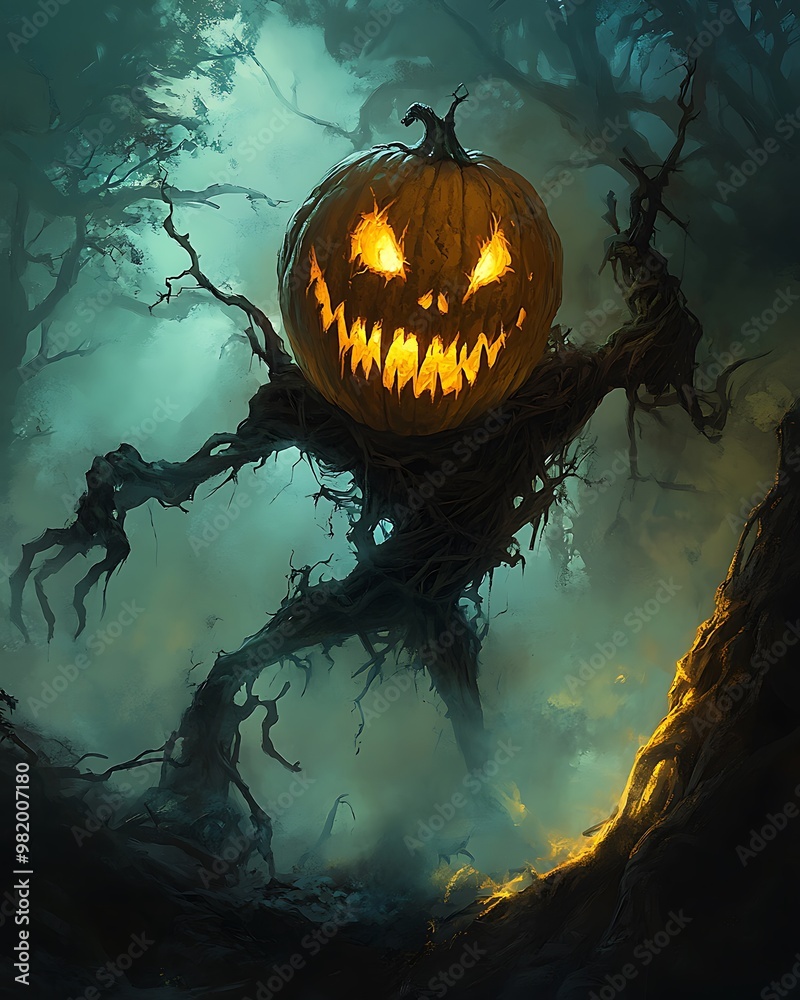 Haunted Pumpkin Head: A creepy pumpkin-headed character with glowing, jagged teeth and hollow eyes. The body is a twisted, gnarled tree with roots serving as feet, standing in a dark forest. Ghostly w Haunted Pumpkin Head: A creepy pumpkin-headed character with glowing, jagged teeth and hollow eyes. The body is a twisted, gnarled tree with roots serving as feet, standing in a dark forest. Ghostly w