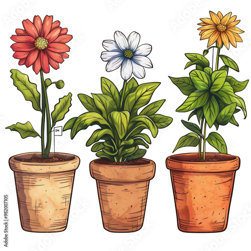A digital illustration of three potted plants with flowers. A red flower on the left, a white flower in the middle and an orange flower on the right. Each plant is in a terracotta pot.