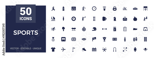 Sports icons set. Containing football, basketball, trophy, competition, medal, filled icon set, solid icon set. Glyph icons for web and ui. Editable vector illustration.
