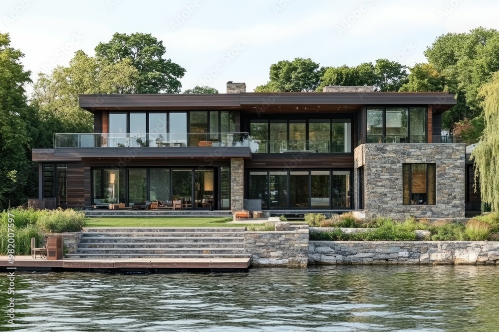 Modern lakeside house with large windows and stone accents. Modern lakeside house with large windows and stone accents.