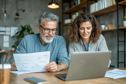 Two happy, busy middle aged professionals, man and woman, are engaged in productive discussion while reviewing documents and working on laptop in modern office setting. Their expressions reflect colla