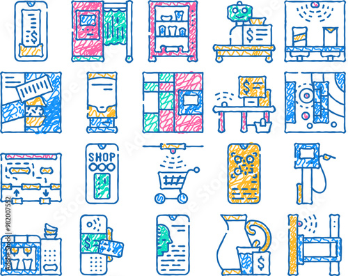 self service buying doodle icons set vector. sketch line art self service robot cashier and photo kiosk, digital check and terminal for payment color illustrations