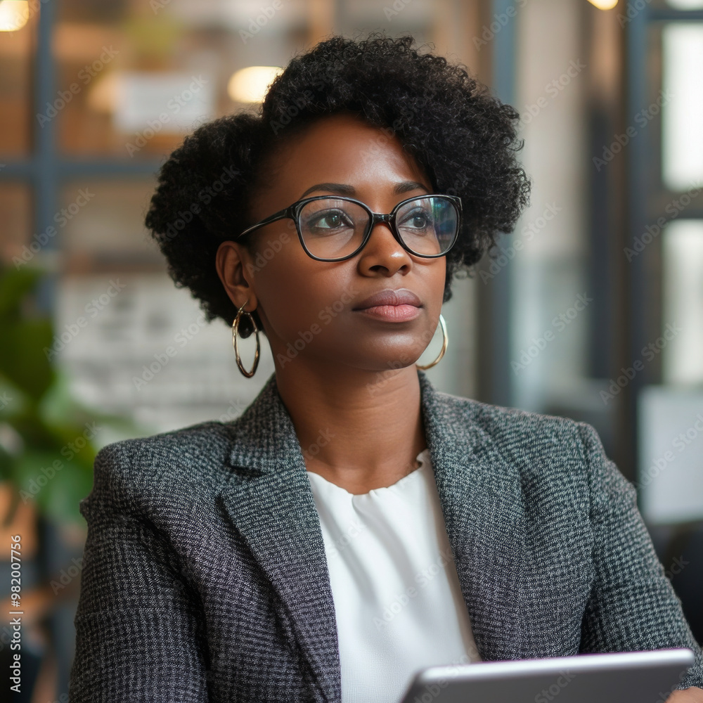 In a contemporary office setting, a focused Black woman reviews data on her tablet, strategizing for business growth and planning a startup's next steps. Her expression reflects determination . In a contemporary office setting, a focused Black woman reviews data on her tablet, strategizing for business growth and planning a startup's next steps. Her expression reflects determination .