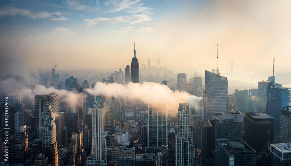 Obraz premium A stunning aerial view of a city skyline shrouded in morning mist, highlighting iconic skyscrapers and a serene atmosphere.