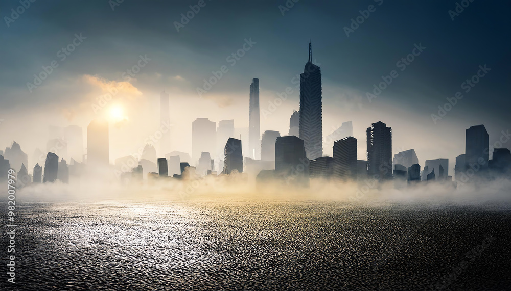 Obraz premium A stunning city skyline at dawn, shrouded in mist and illuminated by the soft glow of the rising sun.