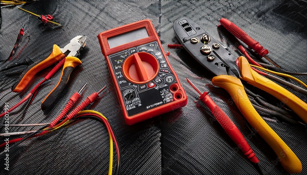 Sleek, modern electrical tools—multimeter, wire cutters, and connectors—spread across a high-tech carbon fiber surface.