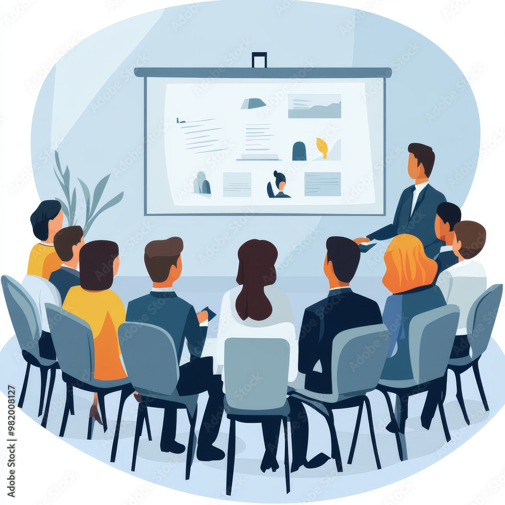 In a corporate conference room, a diverse group of business professionals gathers for a seminar focused on development and training. The atmosphere is dynamic and engaging, with a mix of men and women