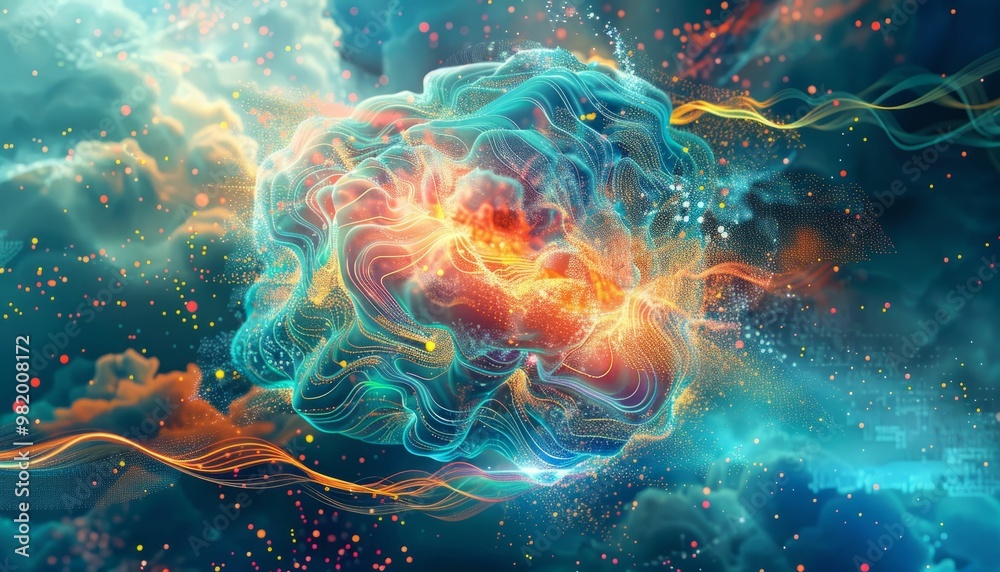 Glowing blue and orange abstract brain with flowing lines and particles