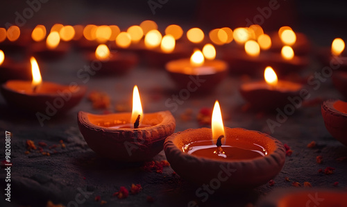 Happy Diwali - Clay Diya lamps lit during Dipavali, Hindu festival of lights celebration