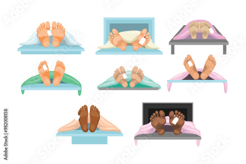 Set of morgue toe tag collection, Corpse in the morgue vector. Dead bodies laying in the mortuary, Feet with death tag, the human body is covered with a white sheet, dead man body illustration.