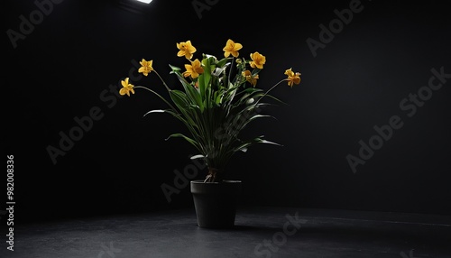 A black wall with a mirror, next to two black vases holding green flowers in a white vase 60