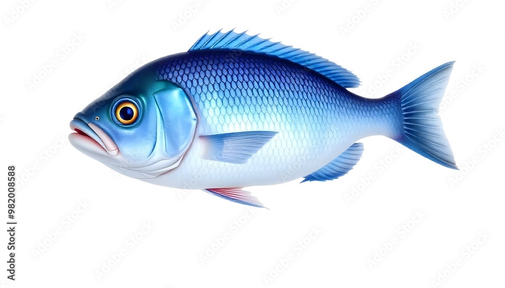 A blue fish representing seafood and marine life isolated on a white background A blue fish representing seafood and marine life isolated on a white background