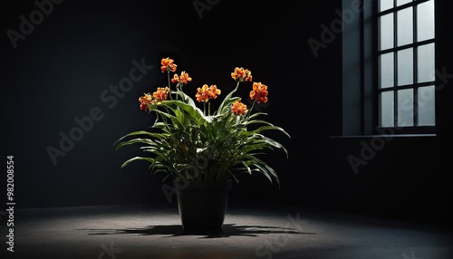 A black wall with a mirror, next to two black vases holding green flowers in a white vase 44 photo